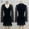 Elegant Solid Color Long Sleeve A-Line Dress With Deep V-Neck Contrast Stitching Women