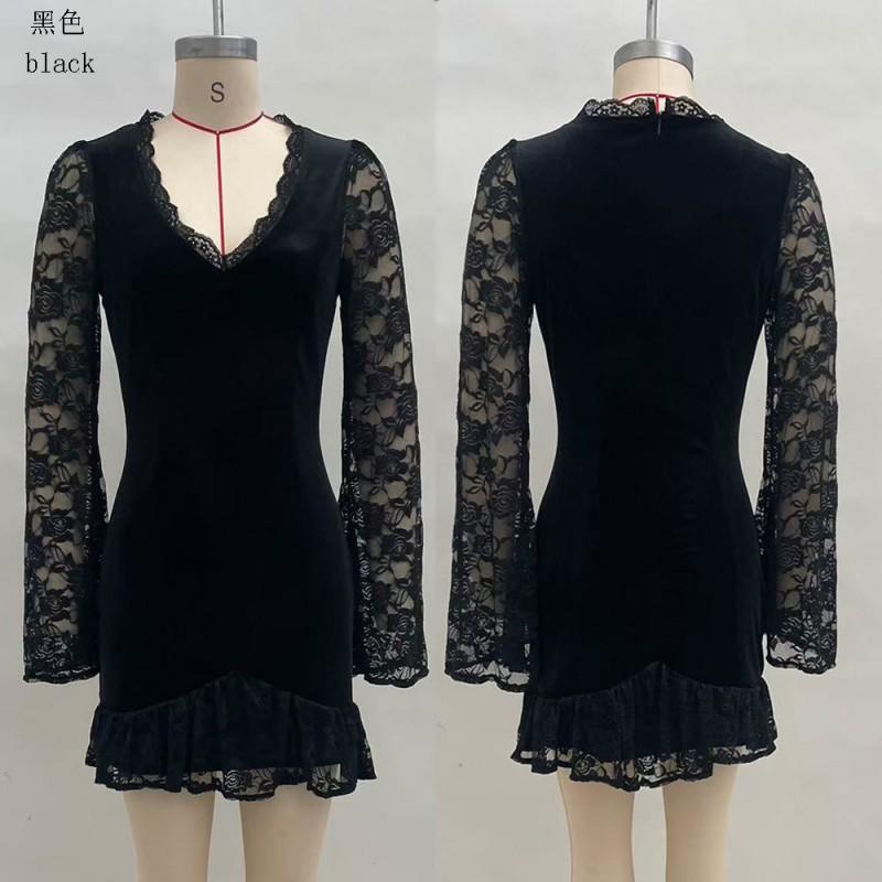 Elegant Solid Color Long Sleeve A-Line Dress With Deep V-Neck Contrast Stitching Women