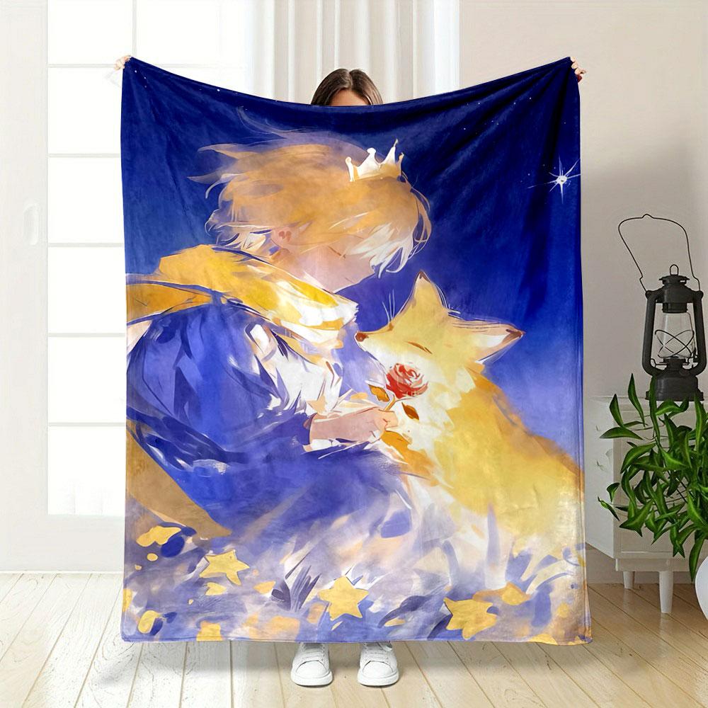 A boy with a crown and scarf holds a rose, interacting with a fox. for all seasons blanket lunch break throw gift
