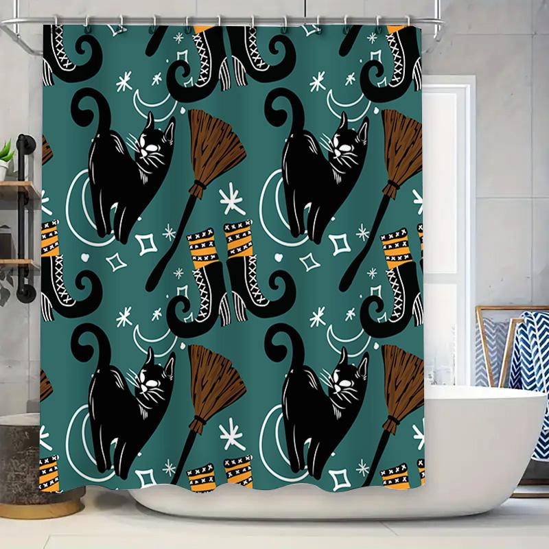

Halloween Bath Curtain With Black Cats Brooms Decorative Waterproof Shower Cover Plastic Rod Pocket Hole Design W60H190(CM)-1 Pcs