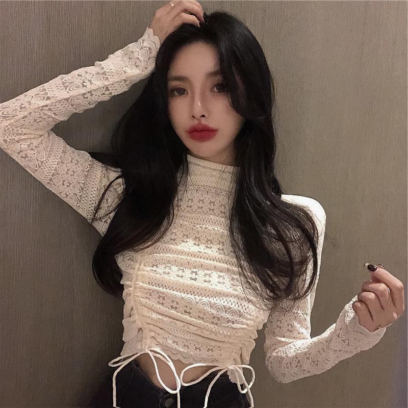 Autumn and Winter White Sexy Long Sleeve Lace Bottom Shirt Women's Short Half High Collar Versatile Top