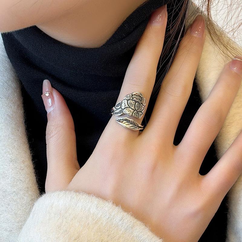 Buyee 925 Silver Big Ring Finger Peony Open Ring for Women Fashion Flower Fine Jewelry Circle Gift