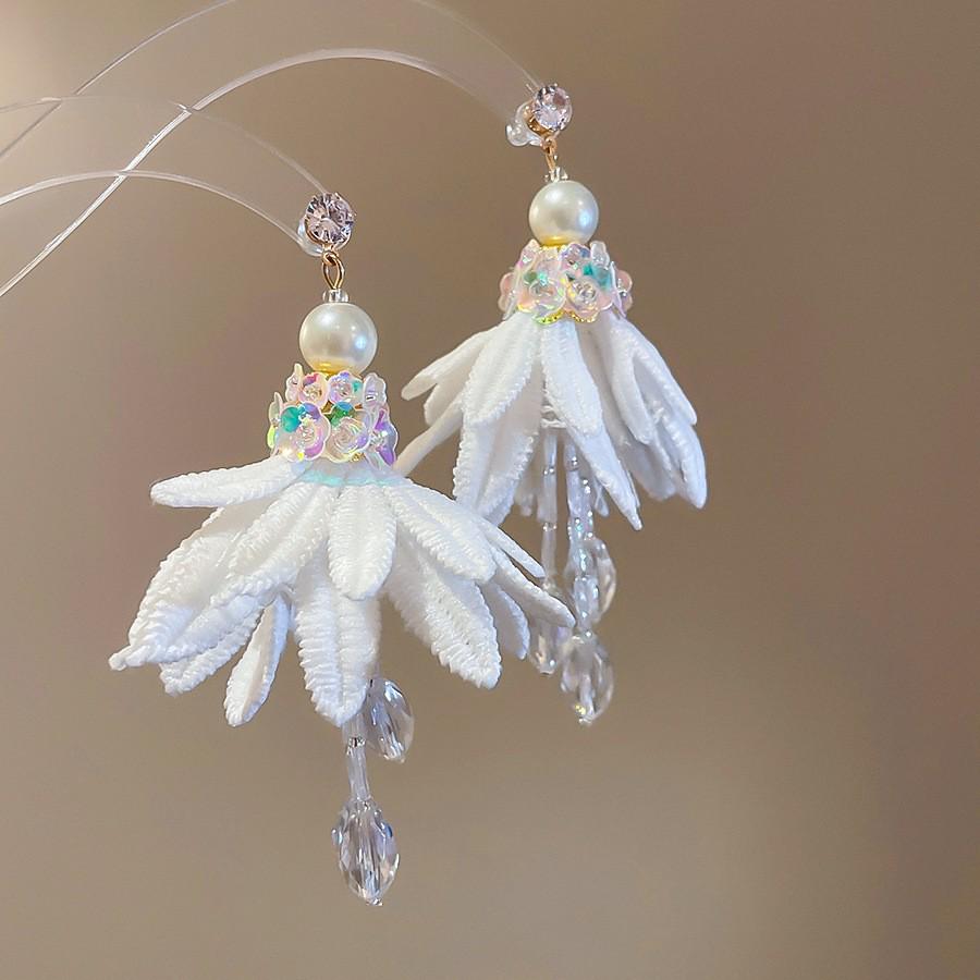 Silver Needle Chiffon Flower Tassel Earrings, Sweet Mori Style, Dopamine Trend, Versatile Women’s Earrings