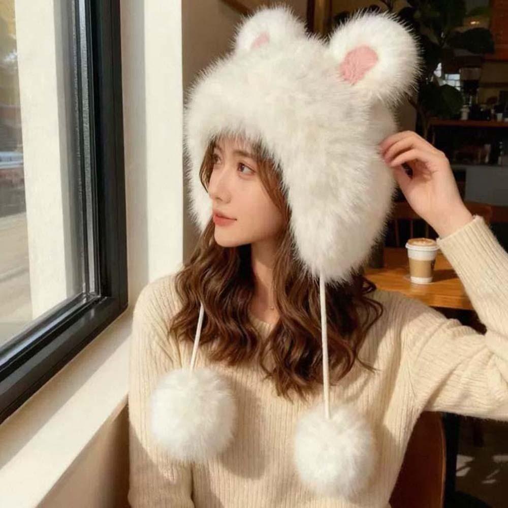 Windproof Winter Plush Hat Cartoon Ear Protection Cap Lei Feng Cap Rabbit Ear Warmer Hat Women