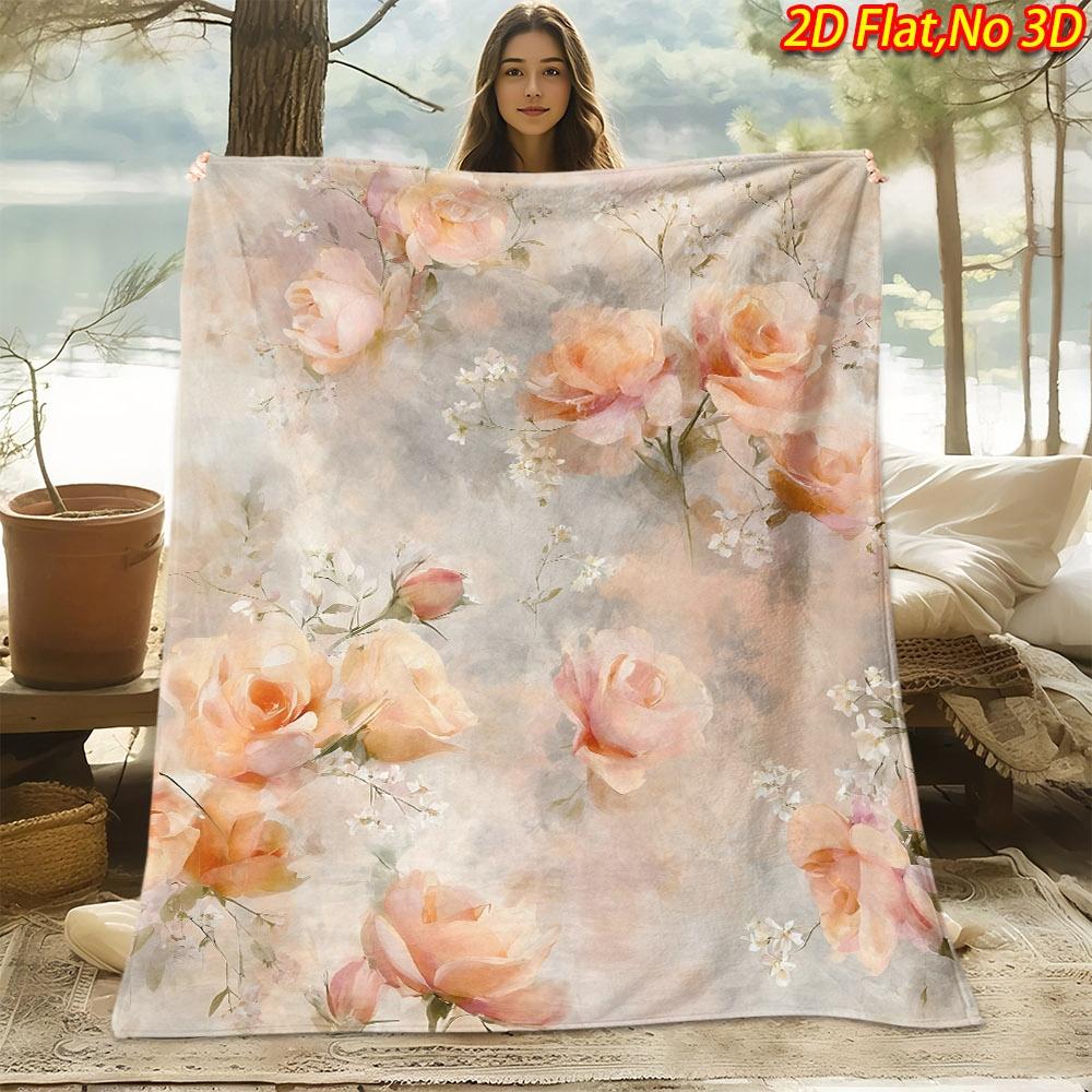 1pc Soft Pink Rose Blanket Suitable for All Seasons, Cozy Throw Bedspread with Minimalist Rose Print, Machine Washable 100% Polyester Bedspread for Co
