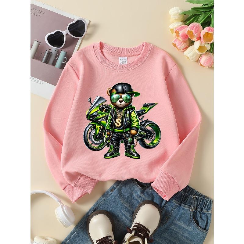 Trendy Green Sweatshirt Featuring a Cool Bear Riding a Motorcycle, Perfect for Autumn And Winter
