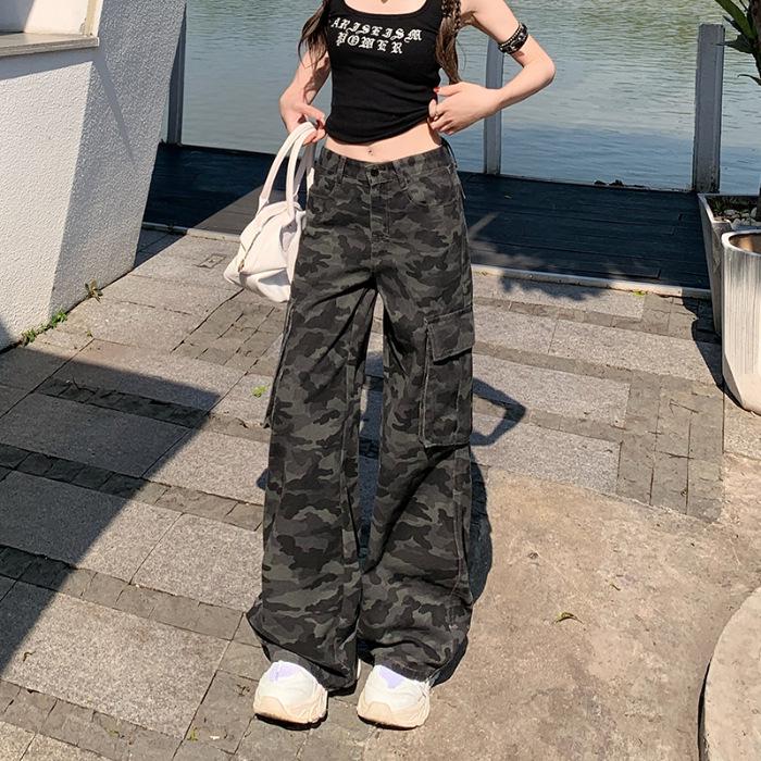 Women's 1926 American Style Camouflage High Waist Wide Leg Denim Work Pants