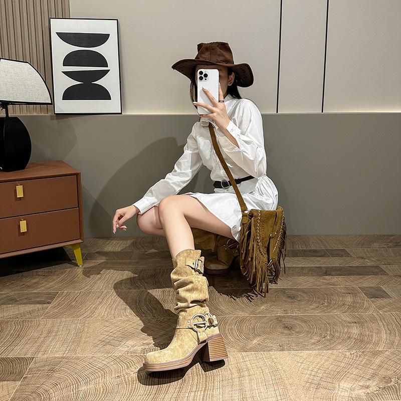 New spot thick leg suede pleated piled boots women's 2025 summer new metal buckle western boots thick heel long