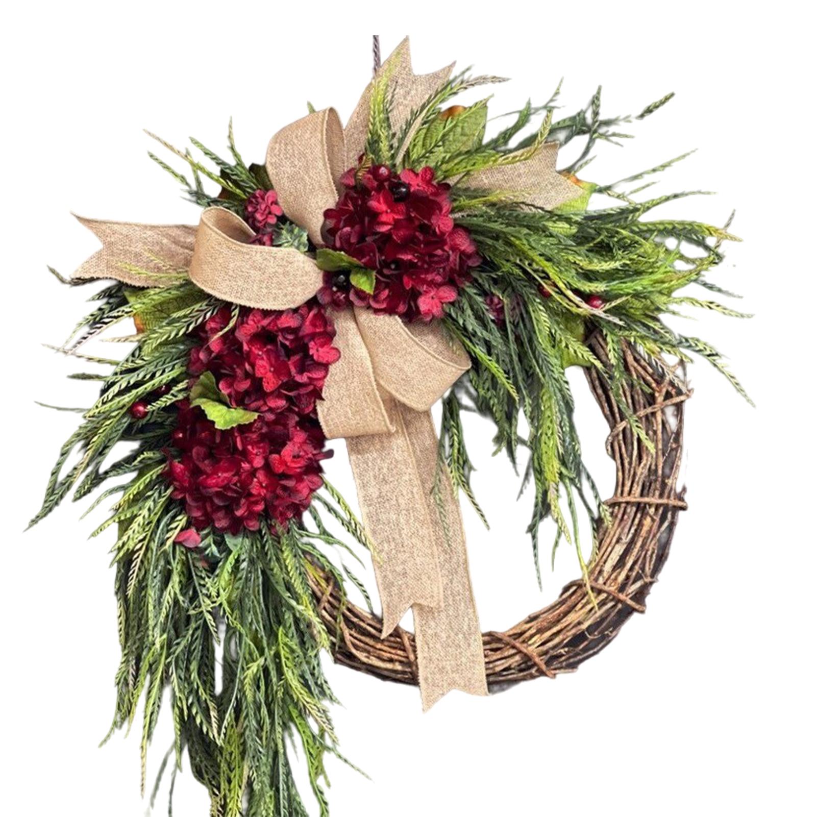 

New Rustic Hydrangea Wreath Decor Farmhouse Floral Garland with Bow Artificial Flower Wall Hanging for Home Door Wedding Decor вина червоного кольору