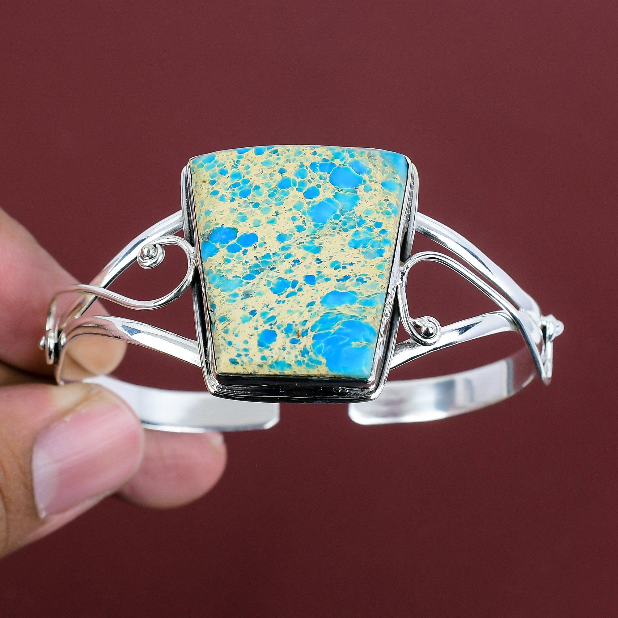 Браслет из голубого яшмы морской седимент 925 пробы стерлинговое серебро Регулируемый браслет-манжета Ручная работа Браслет из натурального камня Ювелирные изделия Подарки для него Adjustable