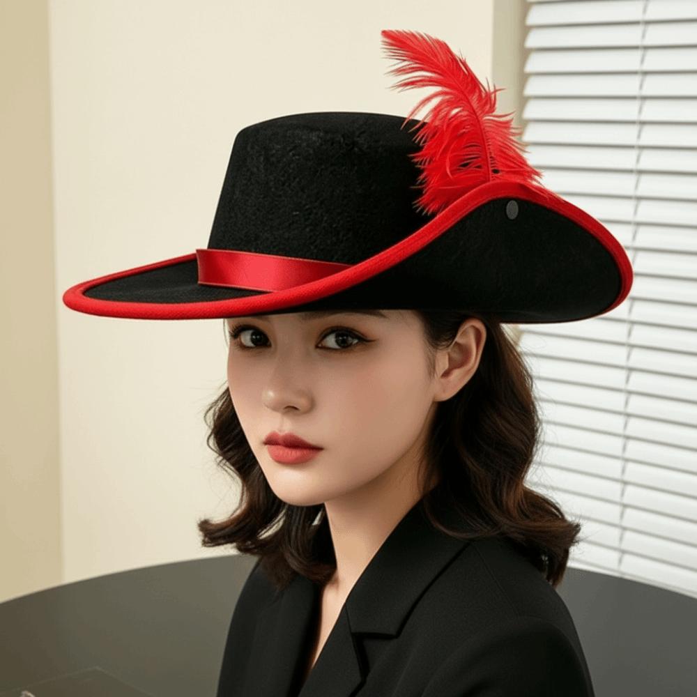 Wide Brim Cavalier Top Hat Felt Masquerade Headwear Cosplay Wide Brim Cap Feather Stage Cap  Party