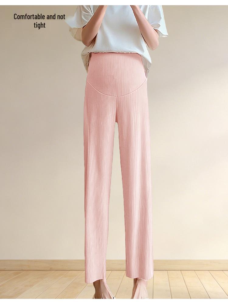 Fashionable Plus Size Maternity High-Waisted Ice Silk Summer Pants with Tummy Support