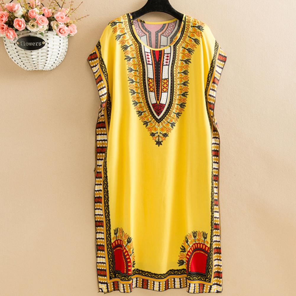 Sommer Ethnischer Stil Damenkleid Rundhalsausschnitt Druck Kontrastfarbe Geometrischer Druck Pullover Locker Kurze Ärmel Midi-Kleid