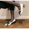 Fashion New Style Women's Cow Leather Mixed Color Ins Thick Med Heels Pointed Toe Butterfly-knot Shoes Fashion Party Brand Women Pumps