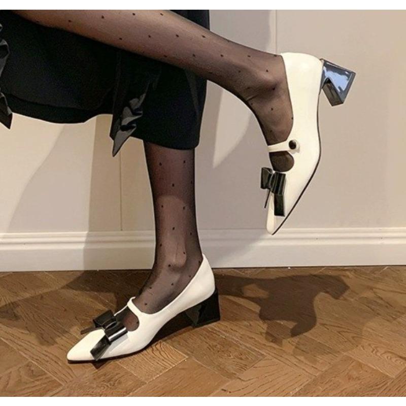Fashion New Style Women's Cow Leather Mixed Color Ins Thick Med Heels Pointed Toe Butterfly-knot Shoes Fashion Party Brand Women Pumps