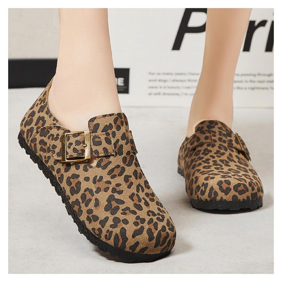 Women Leopard Print Leather Slip On Casual Mules Spring Comfort Low Wedge Flat Shoes