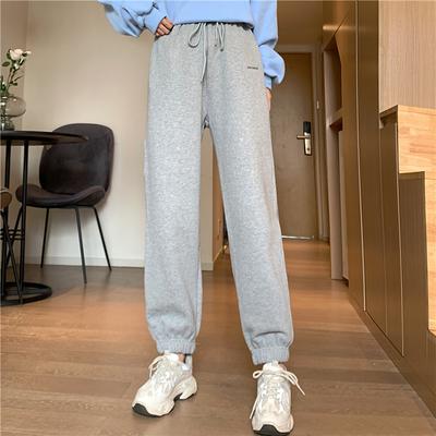 Pantalon de sport gris pour femmes en automne et en hiver, pantalon bandeau ample à jambes droites en peluche pour étudiantes coréennes, pantalon décontracté à jambes larges
