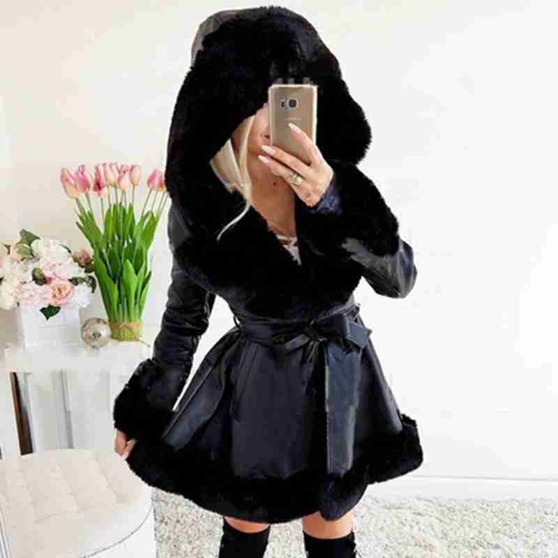 Goodfans Long Sleeve Hooded Jacket Womens Wool Coat Ladies Long Parka Faux Leather Goodfans Long Sleeve Hooded Jacket Womens Wool Coat Ladies Long Parka Faux Leather