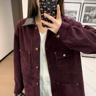 Veste à revers rétro en velours suédé pour femmes 2024 - Rouge vin