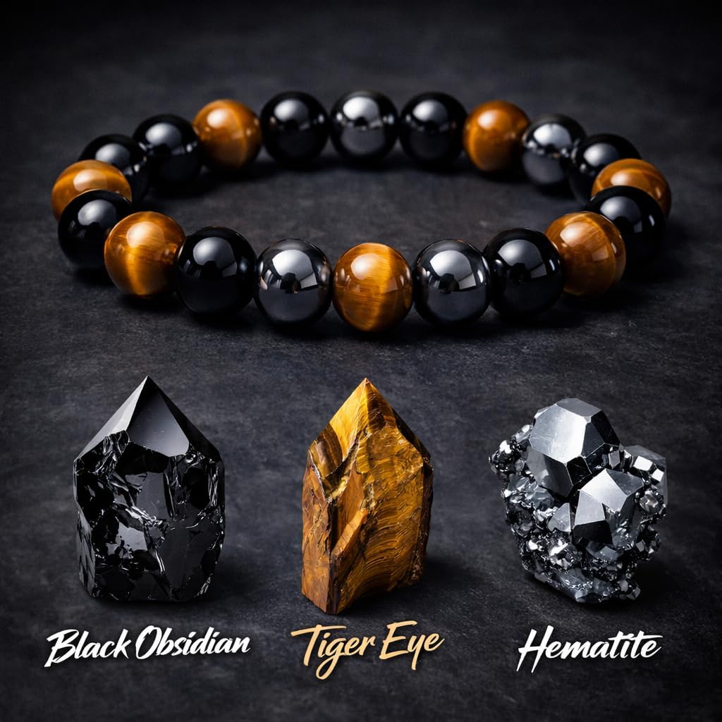 WFJ Obsidian Hämatit Dreifachschutz Armbänder Set - Tigerauge Perlen Natürlicher Stein Armband für Männer Frauen Edelstein (10 MM)