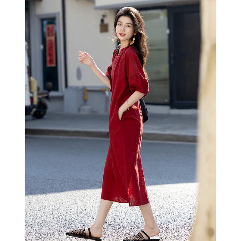 Demana Summer Petite Linen Blend Round Neck Straight Dress