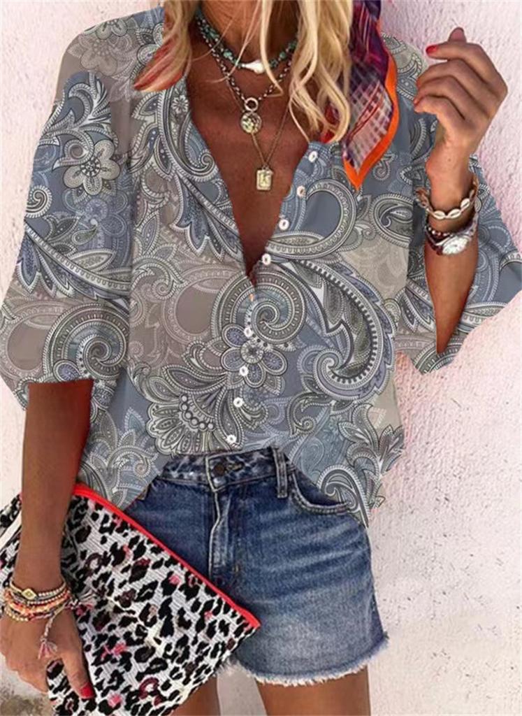 #Fashion Summer Women's Stand-Up Collar Loose Button Retro Printed Casual Shirt