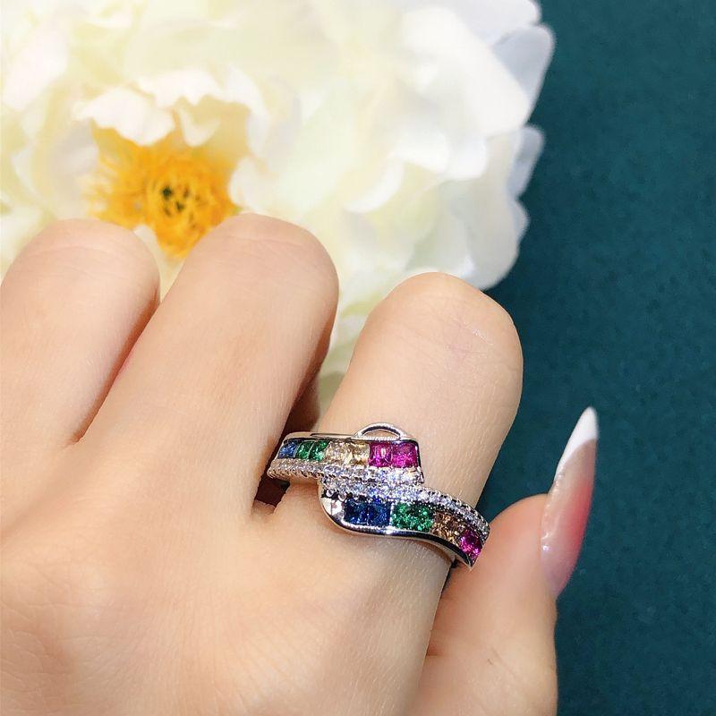 European and American Style Synthetic Red and Blue Sapphire Ring, Plated with 18K Gold, Inlaid with Zircon, Rainbow Colored Gemstone Women's Band Ring