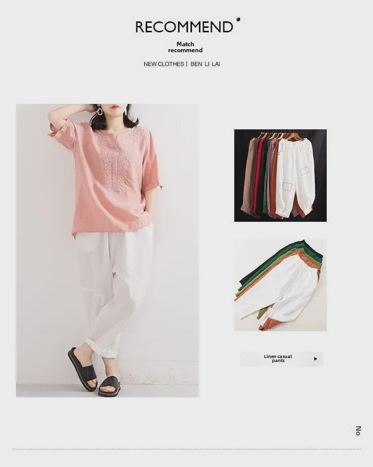 Summer 2024 Women's Solid Color Short-Sleeve Loose Retro V-Neck Cotton Linen Shirt