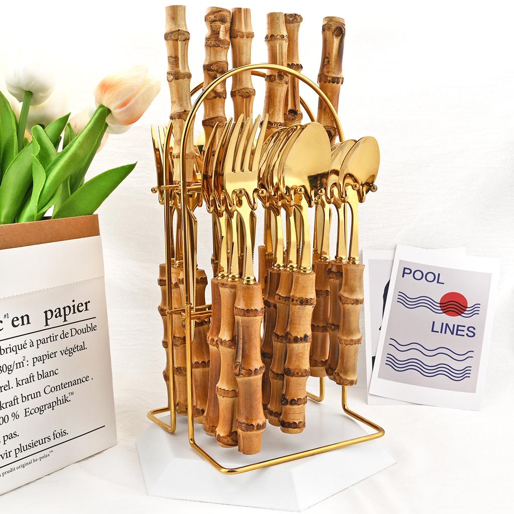 24-teiliges Luxuriöses Bambus-Besteckset - Langlebiges Silbernes Edelstahl-Tafelbesteck mit Besteckhalter, Spiegelpoliert