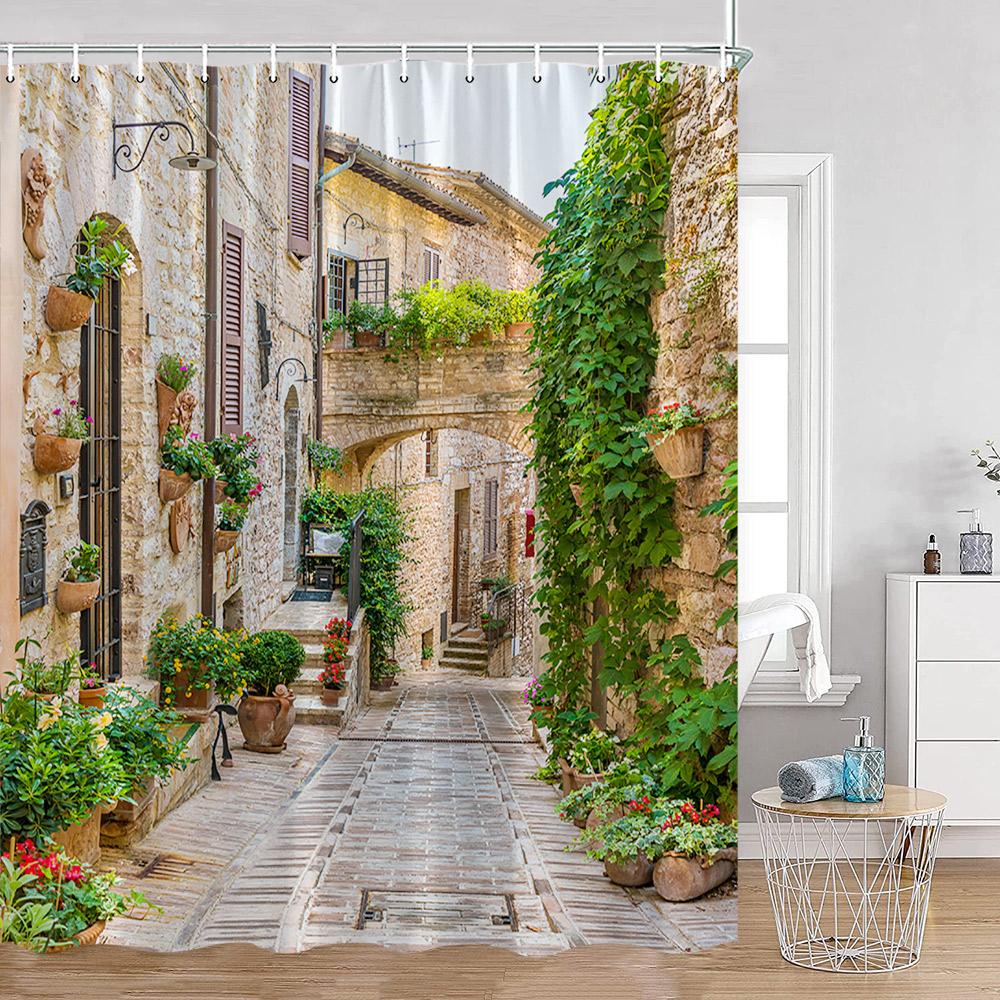 

Vintage European Street View Shower Curtains Mediterranea Street Scenery Old Stone Wall Plants Bathroom Curtain Retro Bath Decor 90x180cm-35x70in