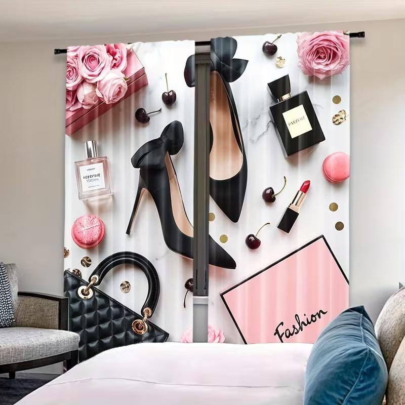 2 Pezzi Borse, tende con stampa cosmetici, adatte per camera da letto, soggiorno, decorazione cucina, decorazione casa, decorazione finestra