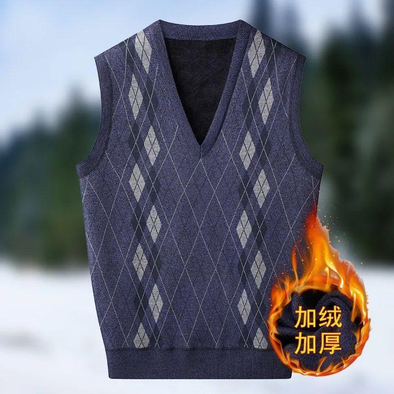 Мужской зимний вязаный флисовый жилет-свитер Ретро Без рукавов V-образный вырез Пуловеры Вязаный свитер Клетчатый Мужская одежда Теплый базовый жилет L