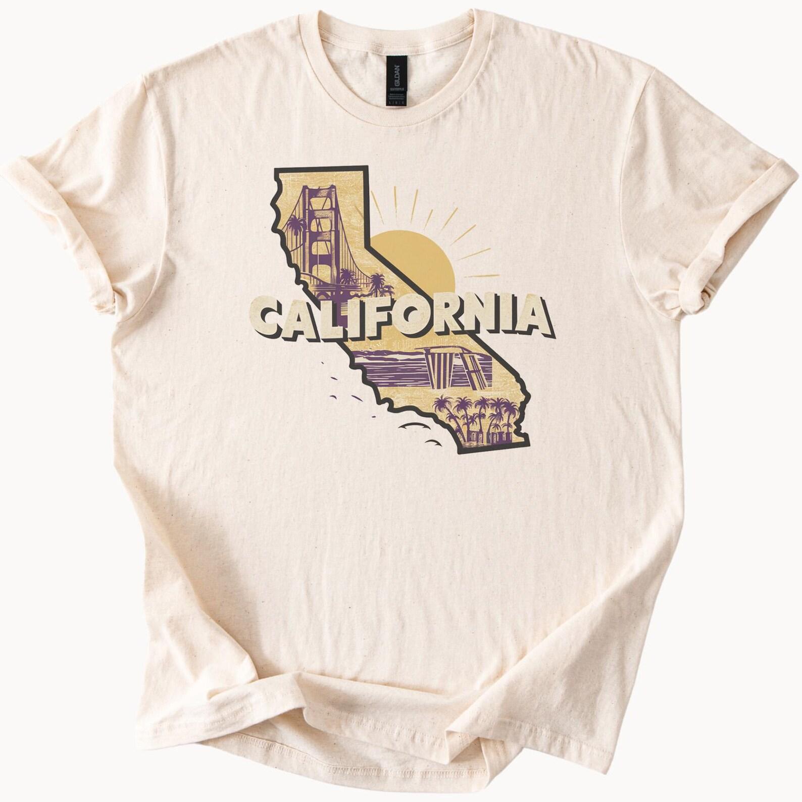 California State Graphic T Shirt Golden Gate Bridge Palm Trees Sunset Unique California Map Design Graphic Tee California Shirt 150