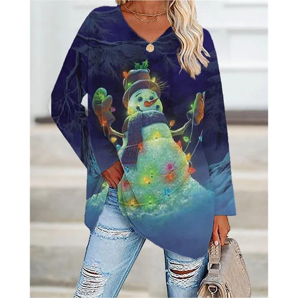 Spring and Autumn V-neck 3D Christmas Theme Printed Top Fashionable Casual Long Sleeved Women's T-shirts