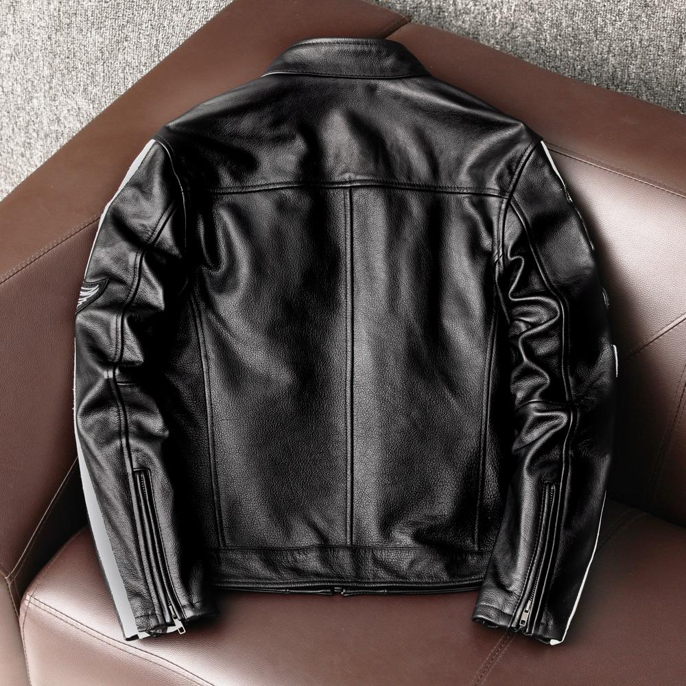 New Multi Logo Genuine Leather Jacket Men Slim Fit Biker Coat Pure Cowhide Short Trendy Outerwear