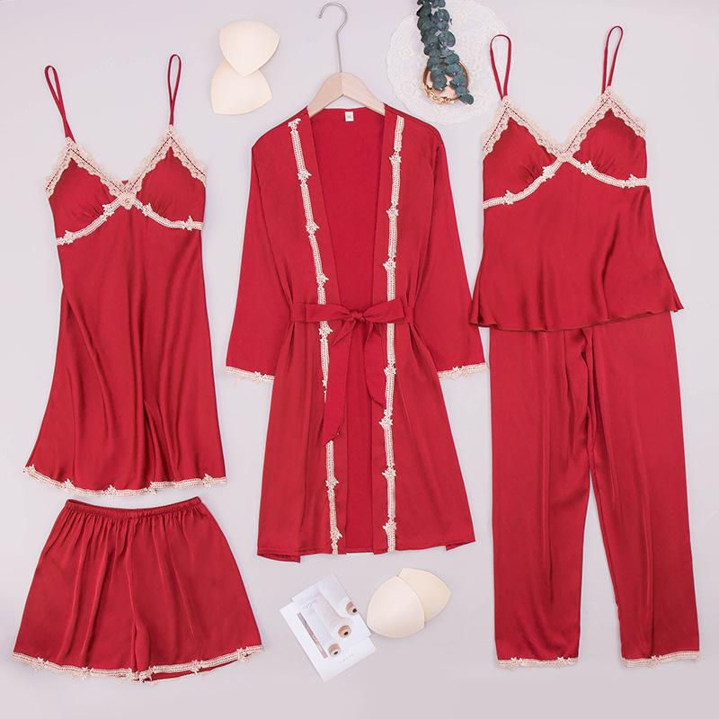 Yao Ting Satin Chiffon Five-Piece Pajama Set: Ice Silk, Casual, Sexy, with Chest Pads for Spring/Summer