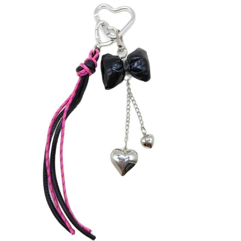 New Leather Heart Pendant Bag Keychain with Braided Rope and Bow Design