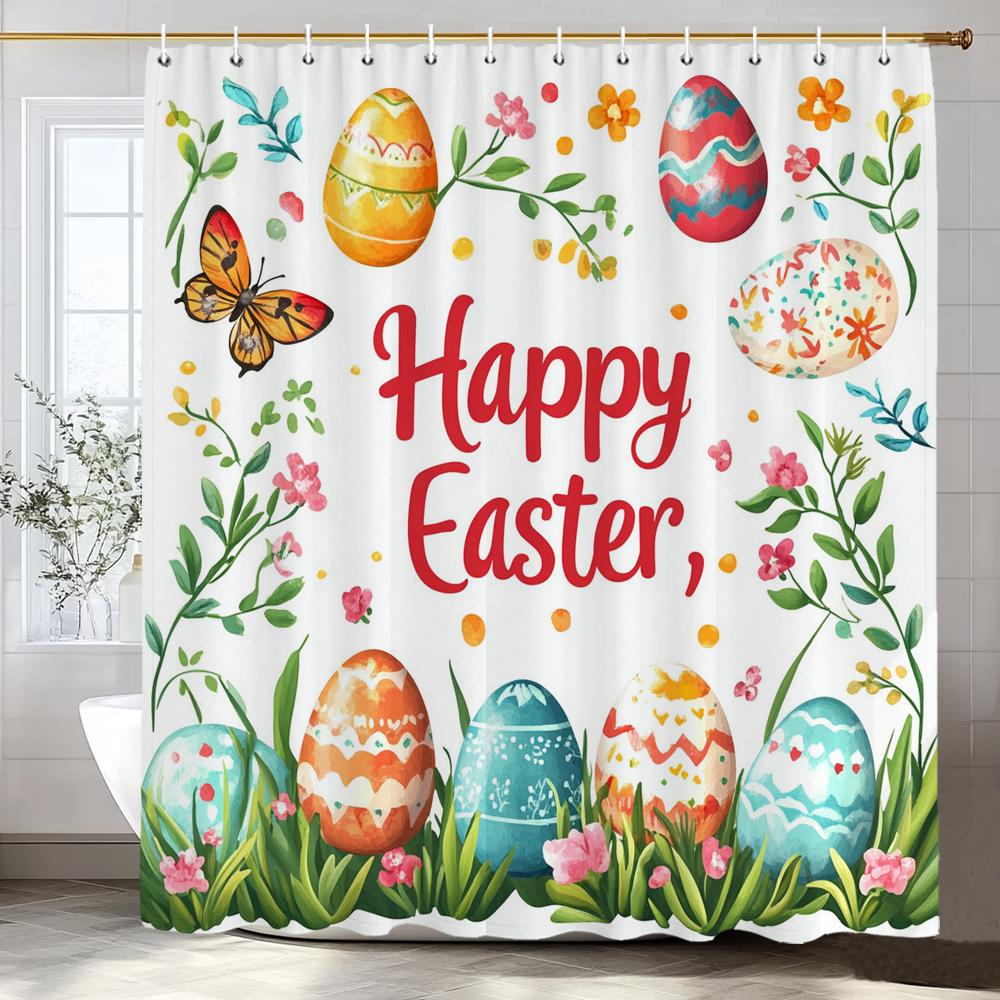 Happy Easter Bunny Eggs In Wooden Board Hole Cartoon Shower Curtain, Bathroom Decorative Shower Curtain, Home Curtain with Hooks