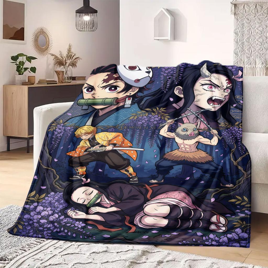 Demon Slayer Chic Cartoon Flannel Blanket, Printed Graphics for Sofa and Bed, Warm Bedding for Chairs and Travel_LIAN