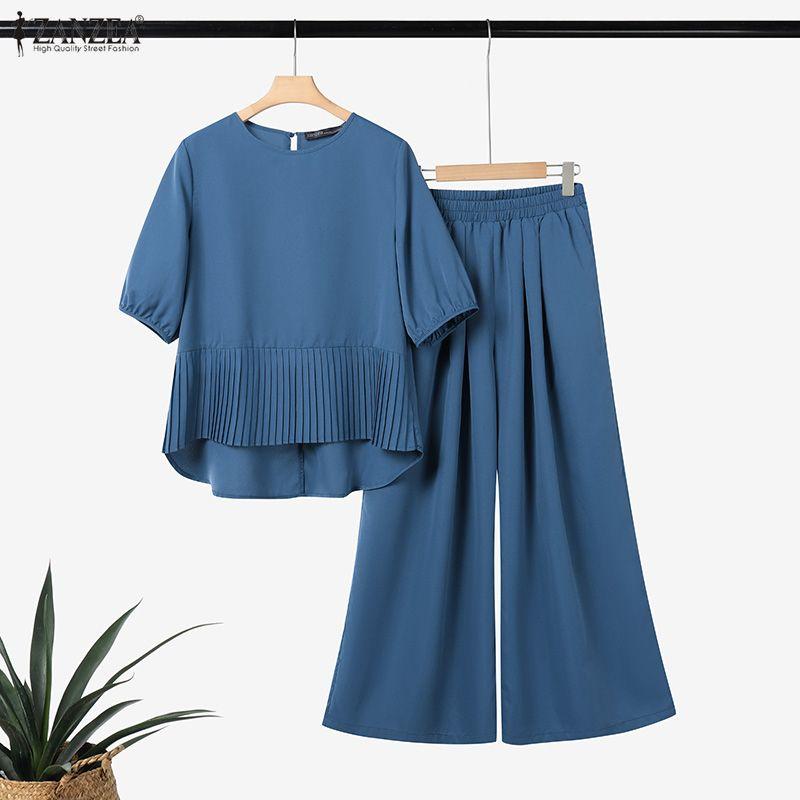 ZANZEA Damen Halbarm Bluse und Hose Sommer Zweiteiler Anzugsets