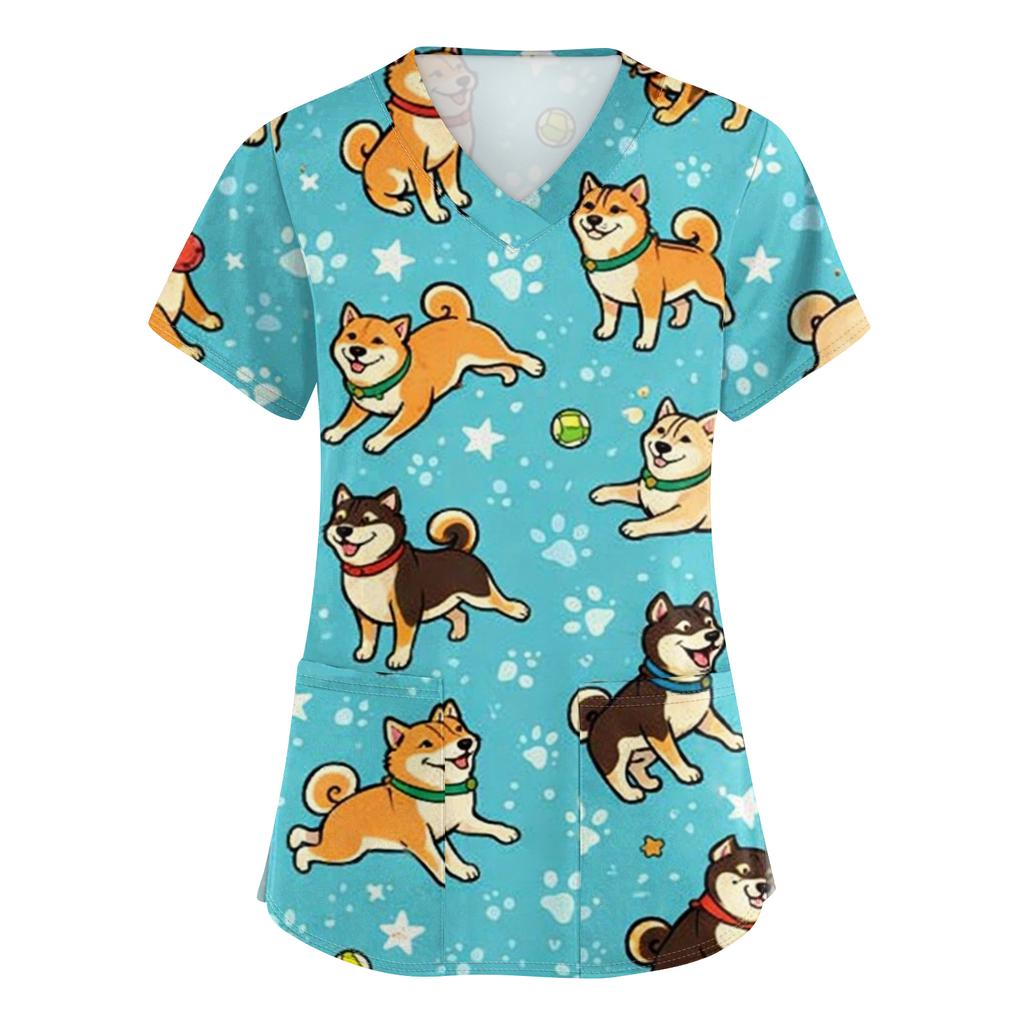 Women's Casual Short-Sleeve Cute Animal Print V-Neck Pocket Workwear Top