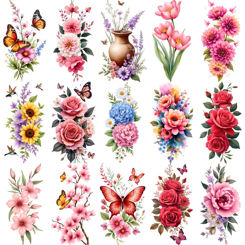 9pcs Temporary Tattoo Waterproof Long-lasting Body Stickers Sunflowers Dahlias Butterflies For Adult Shoulders Back