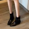 Sheepskin version~ Square head retro belt buckle short boots women's inner height increase western boots rear zipper thin knight boots