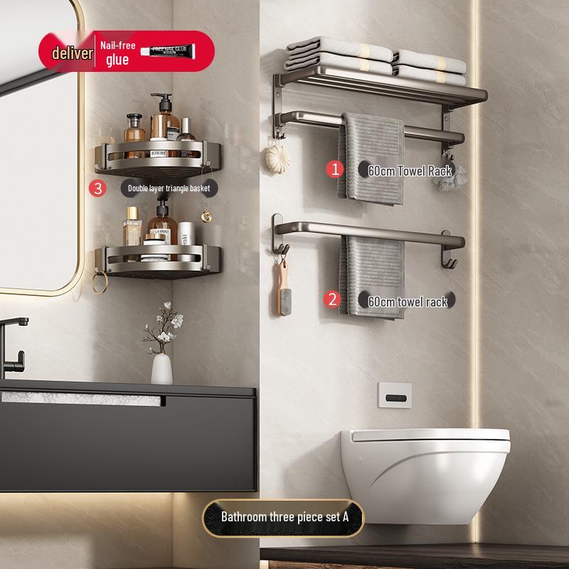 Gunmetal Gray Punch-Free Wall-Mounted Bathroom Towel and Toilet Storage Rack