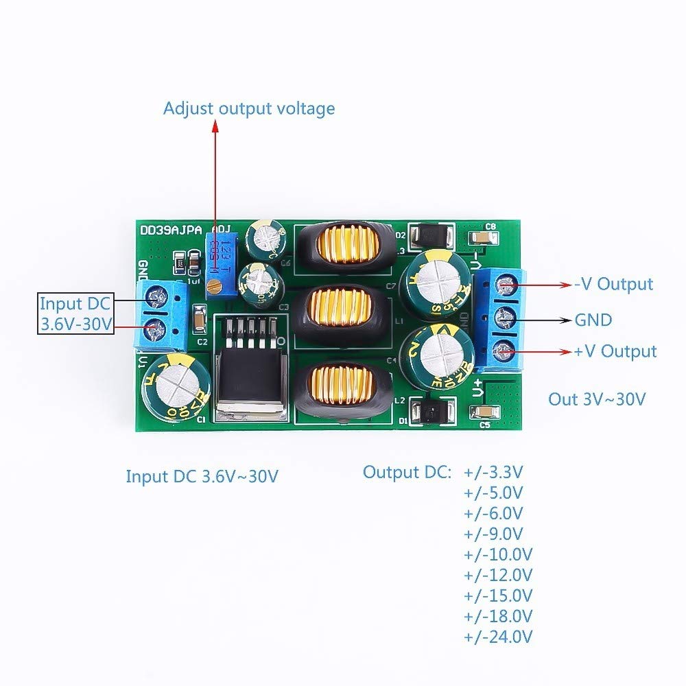 Boost Buck Voltage Converter, DC-DC 5V-24V to +/-3V-30V Step UP Down Power Supply Module Adjustable 20W Positive Negative Dual Output Voltage