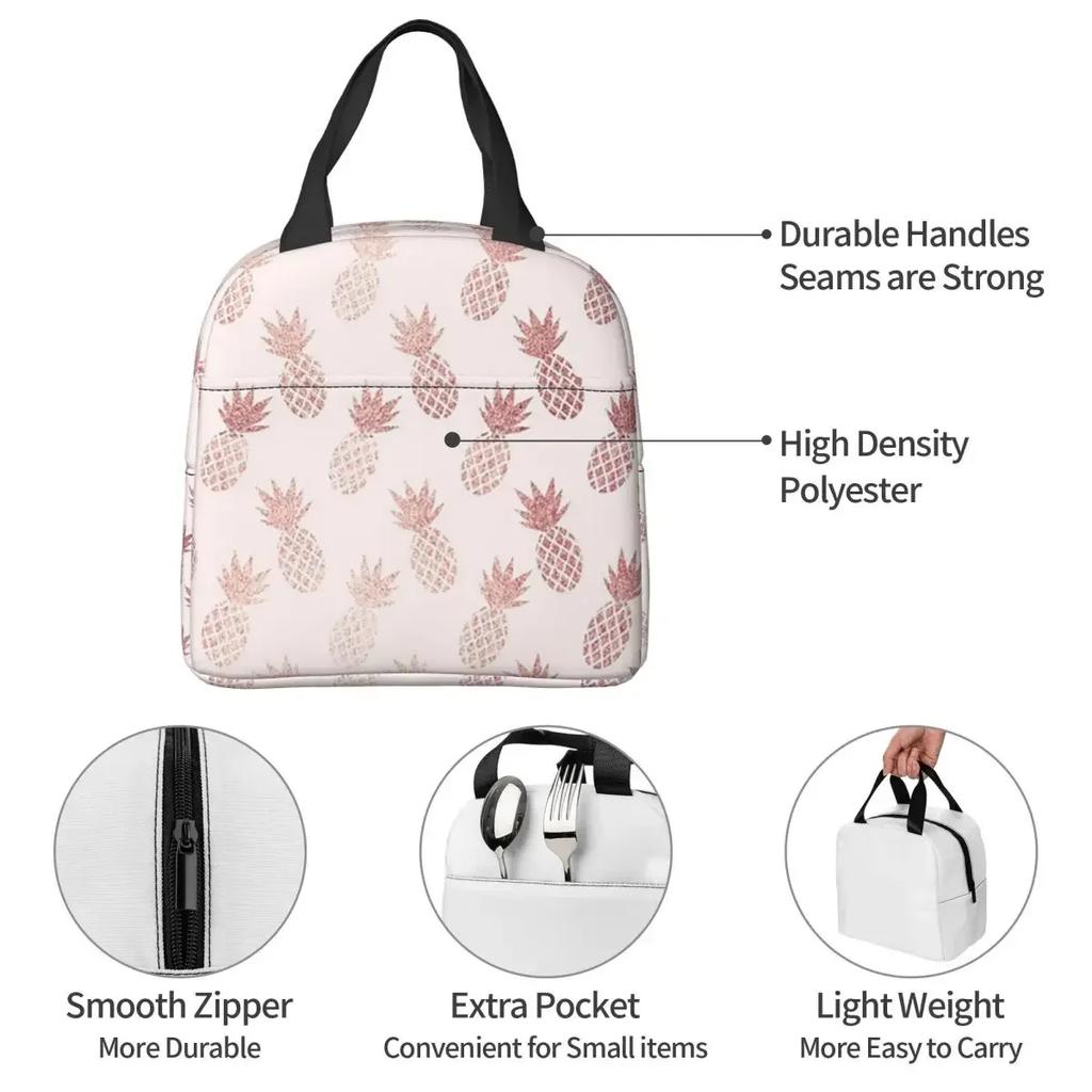 Gold Pineapple Pattern Insulated Lunch Bag for Women Kids Portable Food Boxes Thermal Lunch Box Tote