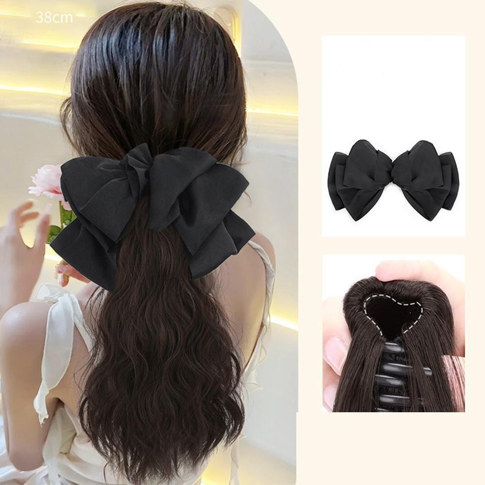 Pferdeschwanz Synthetische Perücke Lang Lockig Haarspange Simuliertes Echthaar Süße Schleife Tiefer Zopf