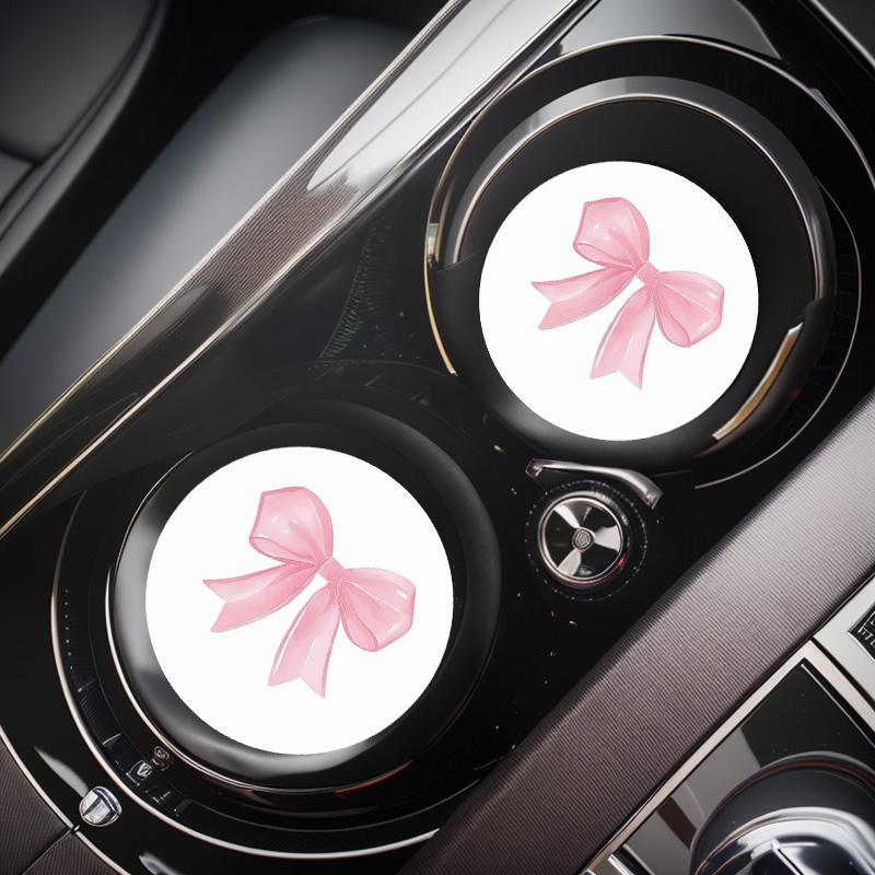 

2pcs Non-Slip Pink Bow Pattern Vehicle-Mounted Cup Holder, Universal Cup Holder, Water Absorption Coasters, Car Interior Design Accessories