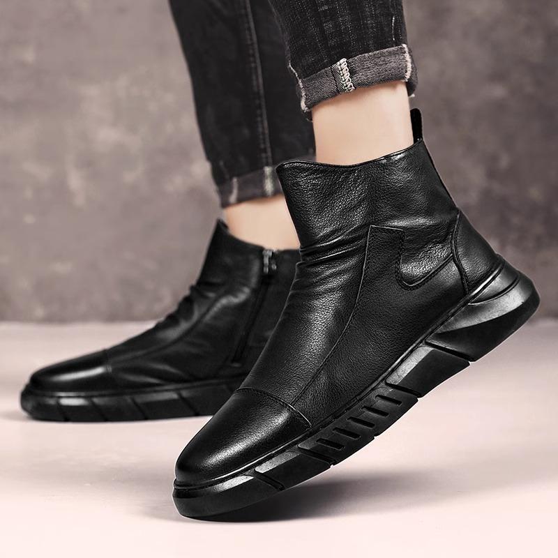 

2025 Новые мужские ботинки на массивной подошве Водонепроницаемая платформа Рабочая обувь Британский стиль Дышащие Удобные Увеличивающие рост Кожаные 44 чёрный