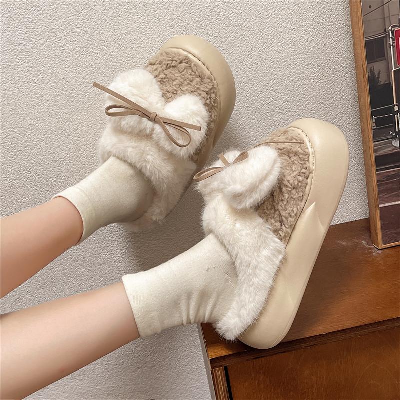 fashion Bow Fur Slippers for Women Comfortable Flat Thick Sole Household Cotton Shoes 2024 Winter New Women's Plush Warm Slippers